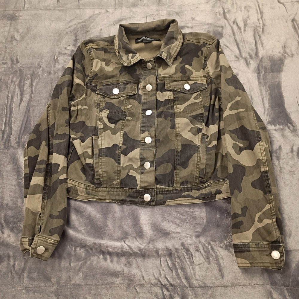 Joujou Crop Trucker Jacket Womens L Green Camouflage Denim Stretch Button Front